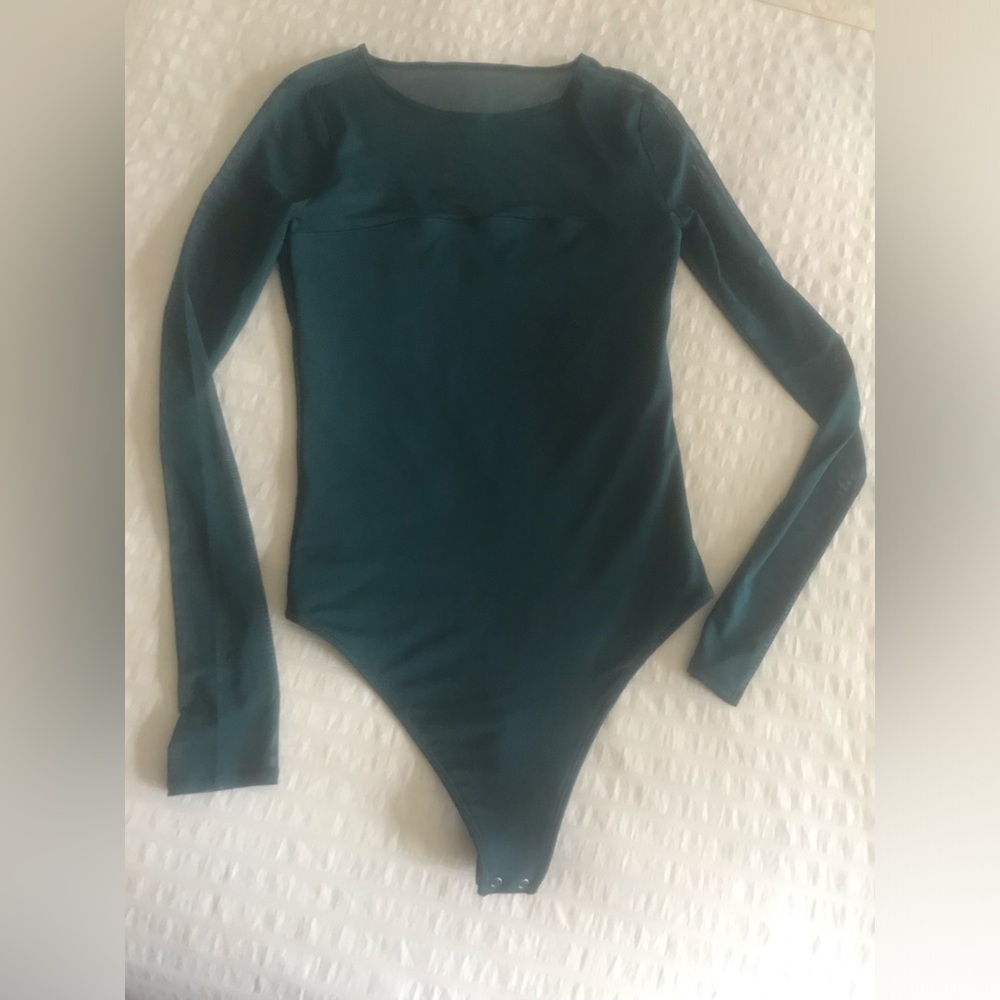 Abercrombie & Fitch Long-Sleeve Mesh Crew Bodysuit in a dark green blue teal XS - Picture 3 of 6